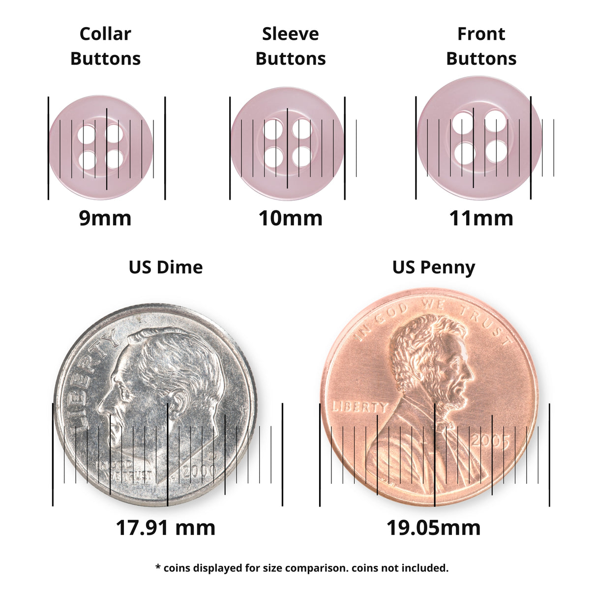 Comparison of collar, sleeve, and front poly-nylon Replacement Shirt Buttons with a US dime and penny for size reference in mm. Ideal for those needing durable shirt buttons or useful additions to a tailor's repair kit.