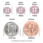 Comparison of collar, sleeve, and front poly-nylon Replacement Shirt Buttons with a US dime and penny for size reference in mm. Ideal for those needing durable shirt buttons or useful additions to a tailor's repair kit.