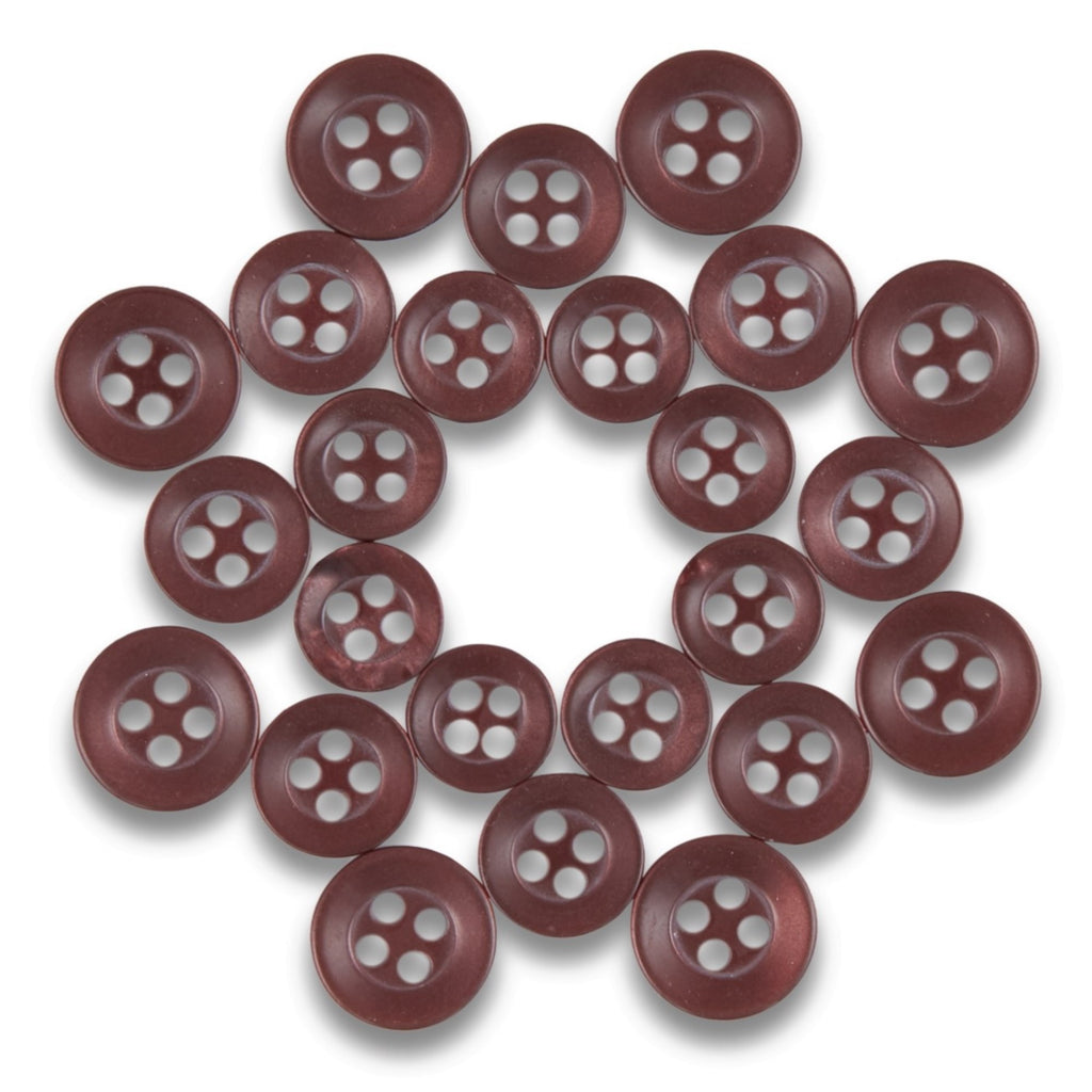 Twenty Replacement Shirt Buttons in brown poly-nylon with a matte finish, arranged in a circle on a white background—perfect additions for any tailor’s button kit.