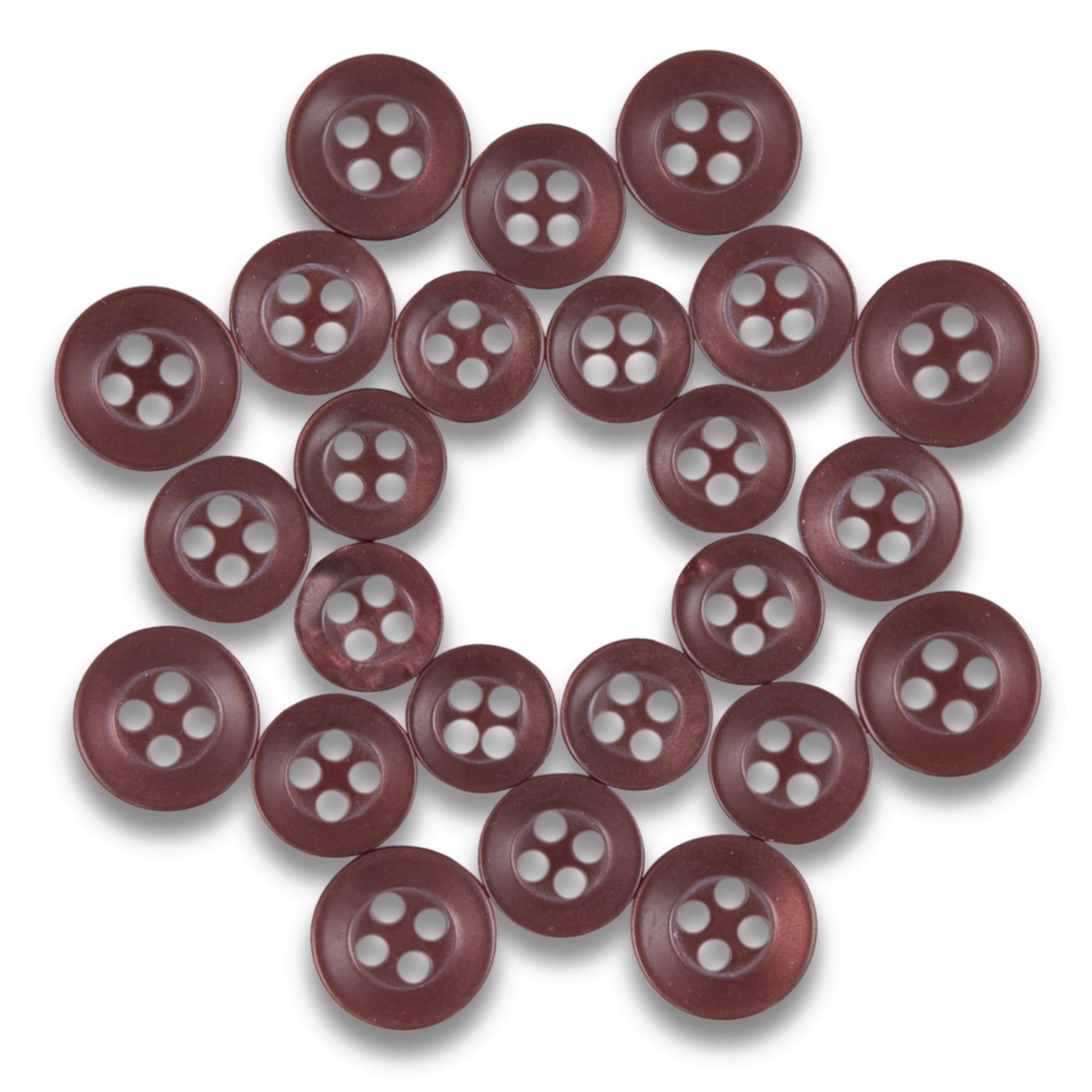 Twenty Replacement Shirt Buttons in brown poly-nylon with a matte finish, arranged in a circle on a white background—perfect additions for any tailor’s button kit.