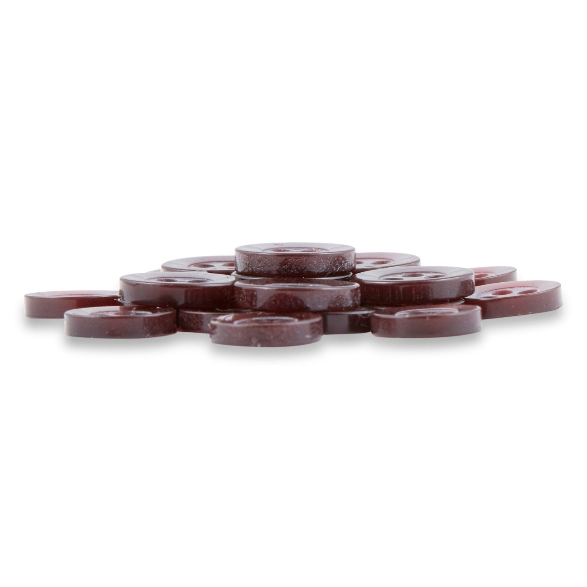 A stack of Replacement Shirt Buttons in dark red poly-nylon with a matte finish, arranged in a slightly raised pile on a white background.
