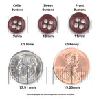 Three matte finish Replacement Shirt Buttons are displayed alongside a dime and a penny, all with labeled diameters for easy size comparison—perfect for any tailor’s button kit.