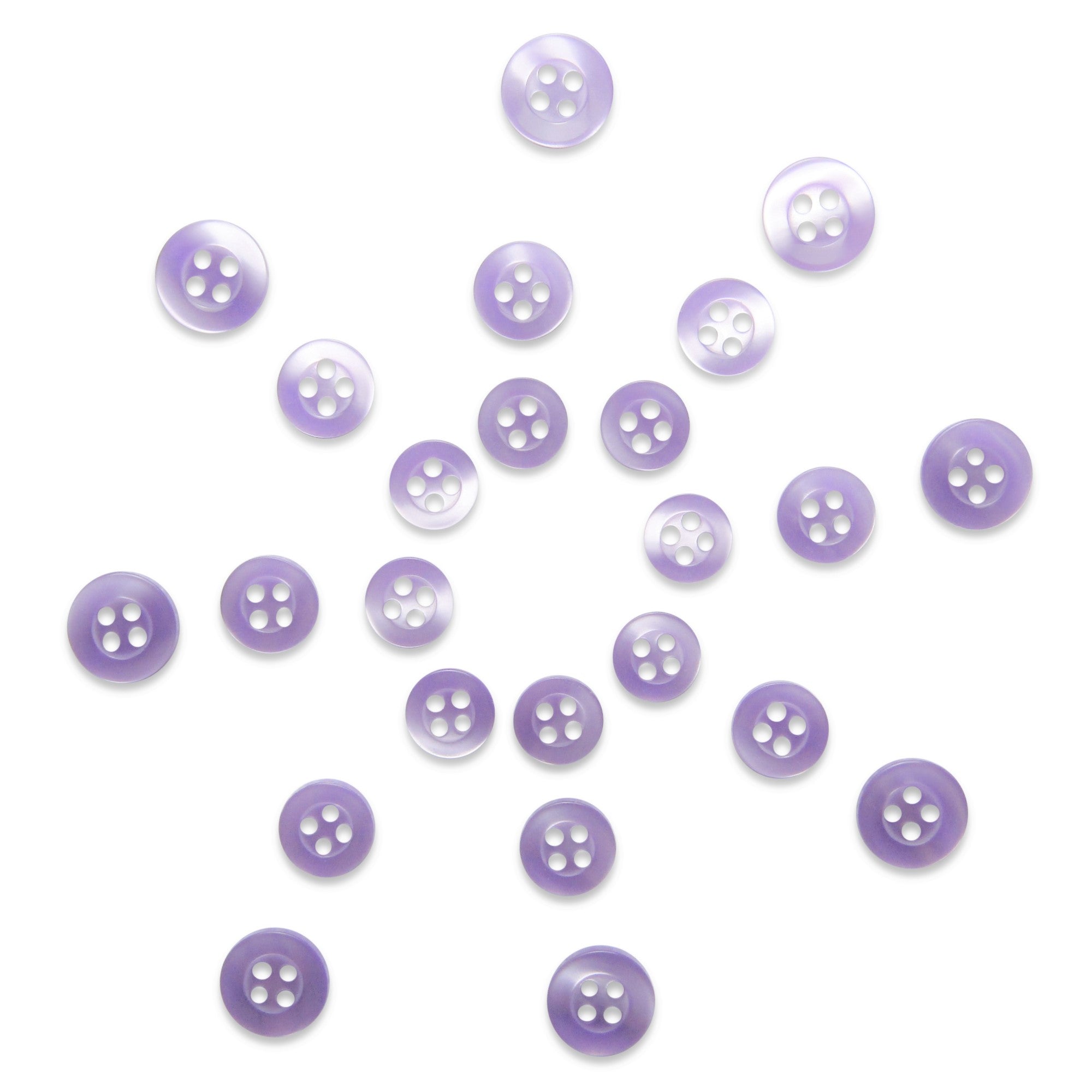 Replacement Shirt Buttons: Light purple, round poly-nylon buttons with four holes and a smooth matte finish displayed on a white background.