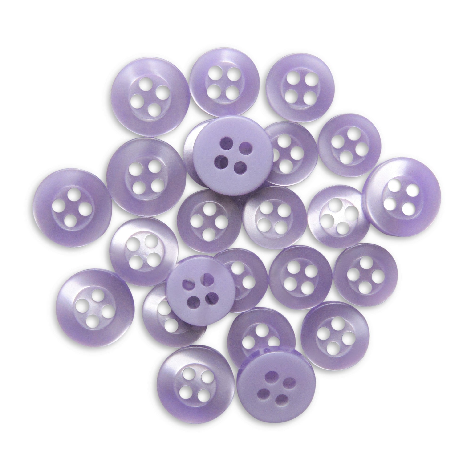 A set of round, light purple Replacement Shirt Buttons made of poly-nylon with a matte finish and four holes, displayed on a white background.