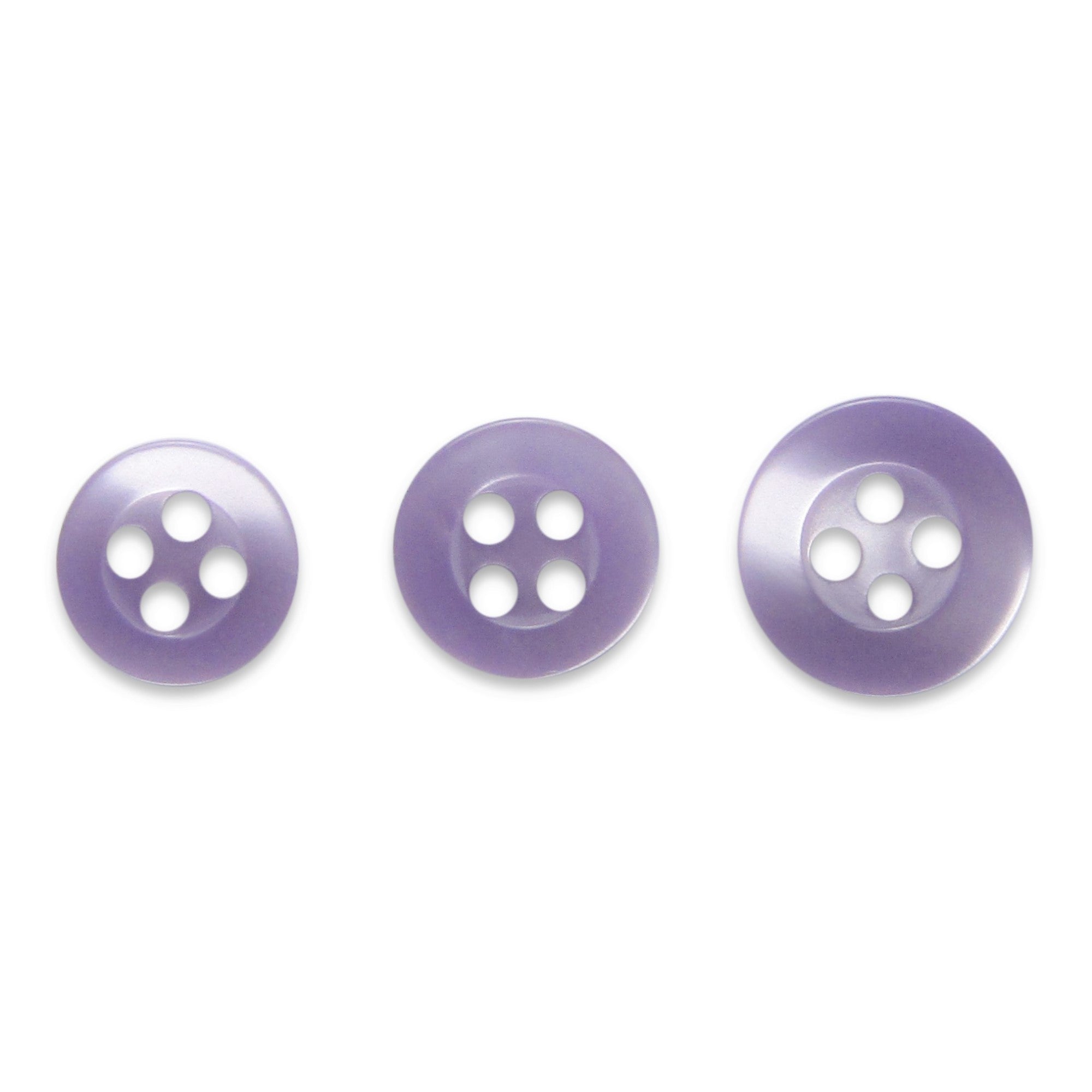 Three Replacement Shirt Buttons in purple matte finish, each a different size with four holes, arranged in a row on a white background—an ideal addition to any tailor's button kit.