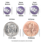 Three purple matte Replacement Shirt Buttons and two coins are shown with labeled diameters for size comparison, making them ideal additions to any tailor's button kit.