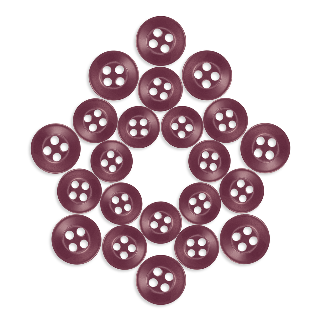 Replacement Shirt Buttons in a maroon matte finish, neatly arranged in a diamond shape on a white background.