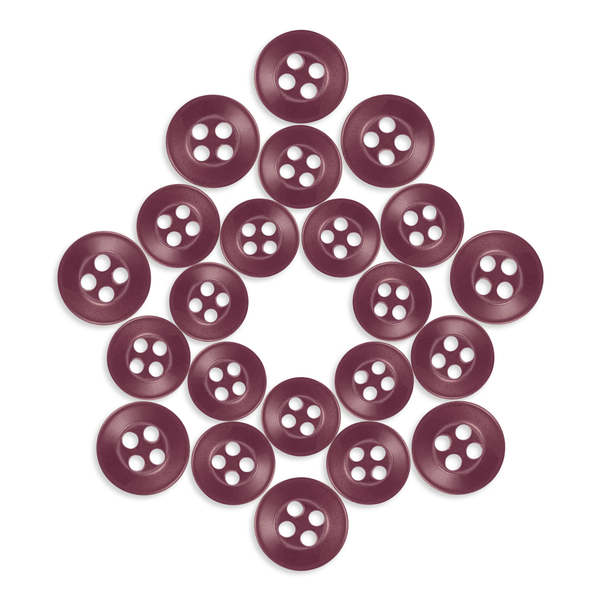Replacement Shirt Buttons in a maroon matte finish, neatly arranged in a diamond shape on a white background.