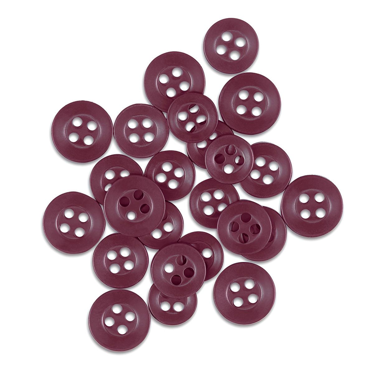 A pile of Replacement Shirt Buttons made from maroon poly-nylon, ideal for any tailor's kit, is scattered on a white background.