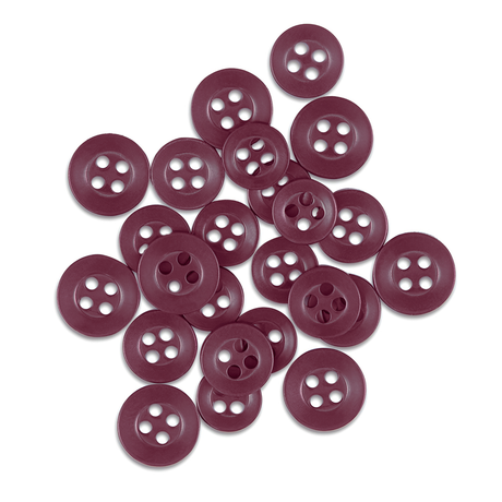 A pile of Replacement Shirt Buttons made from maroon poly-nylon, ideal for any tailor's kit, is scattered on a white background.