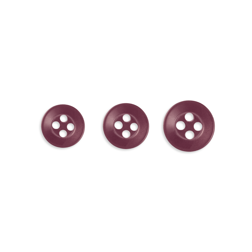 Three Replacement Shirt Buttons in maroon poly-nylon, each a different size, are arranged in a row on a white background.