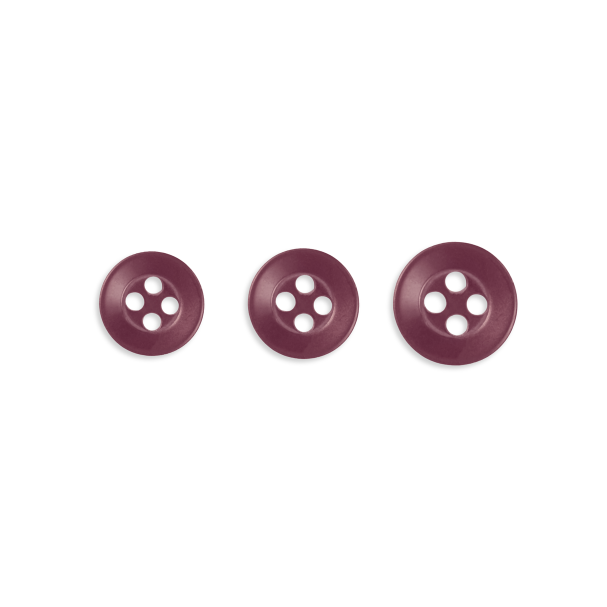 Three Replacement Shirt Buttons in maroon poly-nylon, each a different size, are arranged in a row on a white background.