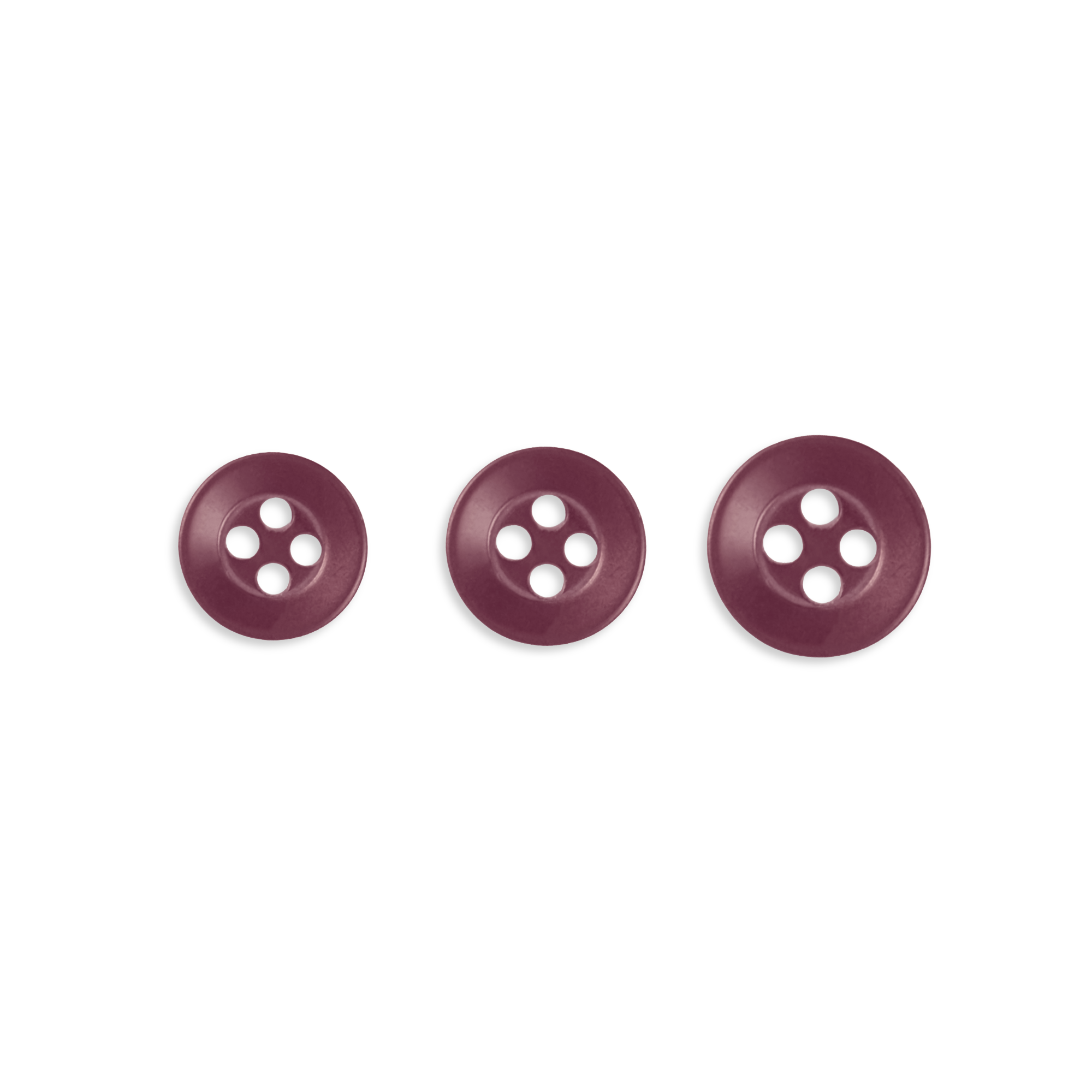 Three Replacement Shirt Buttons in maroon poly-nylon, each a different size, are arranged in a row on a white background.
