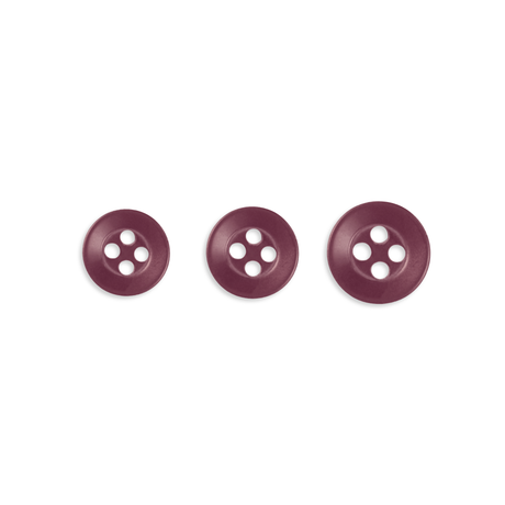 Three Replacement Shirt Buttons in maroon poly-nylon, each a different size, are arranged in a row on a white background.