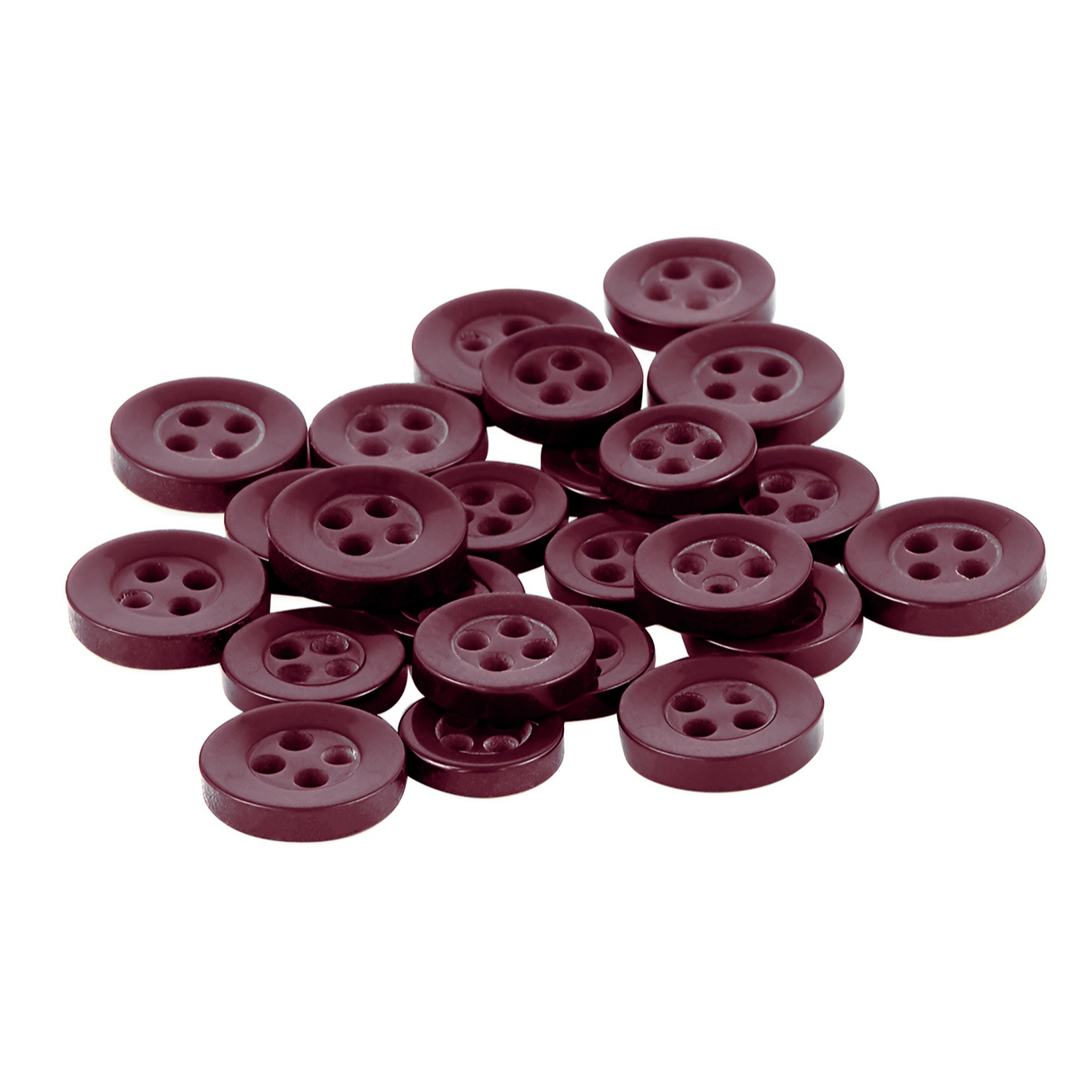 A pile of Replacement Shirt Buttons, round and dark maroon with a matte poly-nylon finish, rests on a white background—an essential for any tailor's kit.