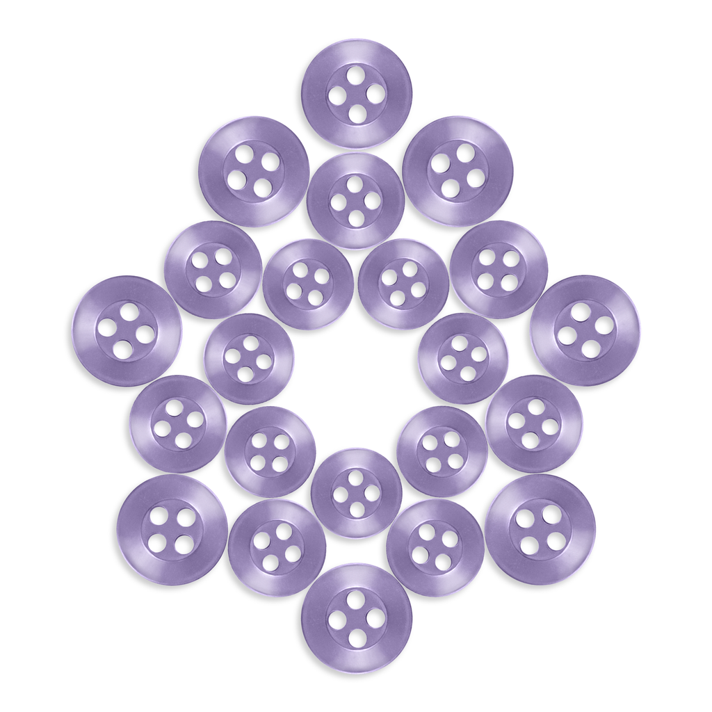 Twenty-one Replacement Shirt Buttons in purple are arranged in a star shape on a white background.