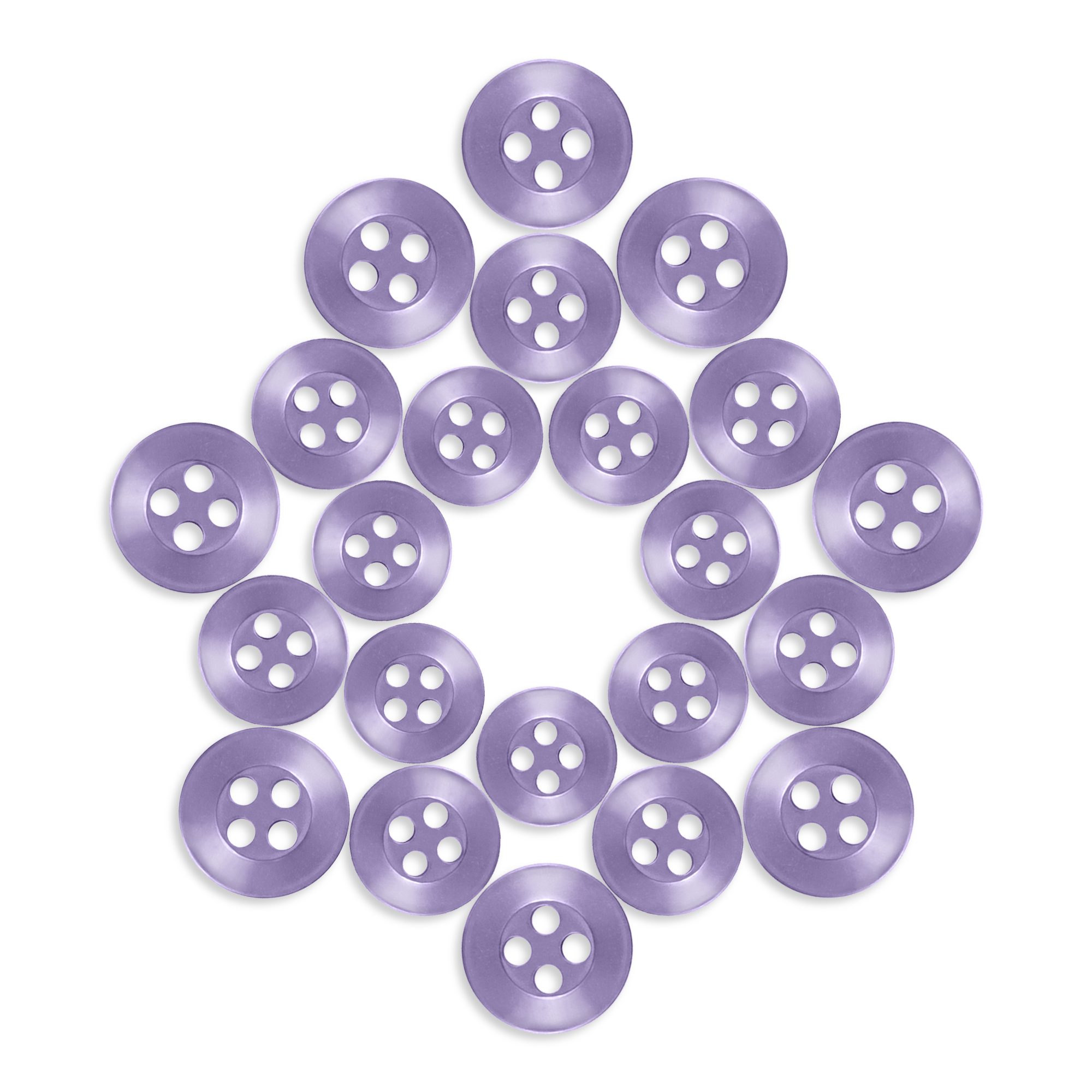 Twenty-one Replacement Shirt Buttons in purple are arranged in a star shape on a white background.