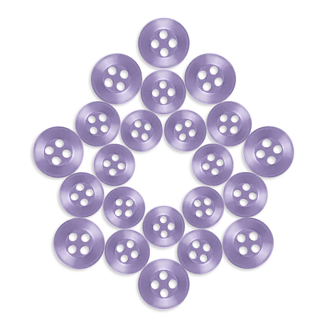 Twenty-one Replacement Shirt Buttons in purple are arranged in a star shape on a white background.