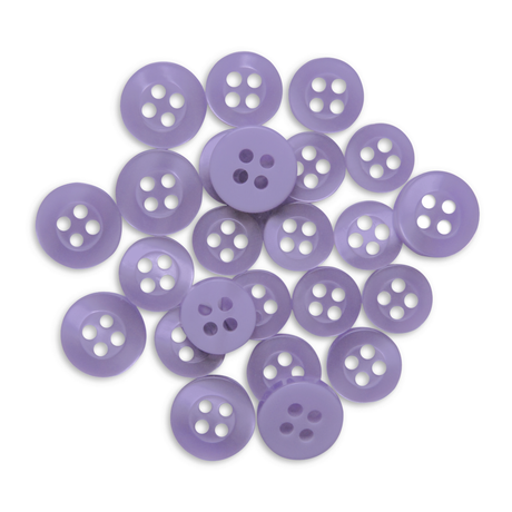 A scattered pile of round, purple, four-hole Replacement Shirt Buttons on a white background—ideal for any tailor’s kit.