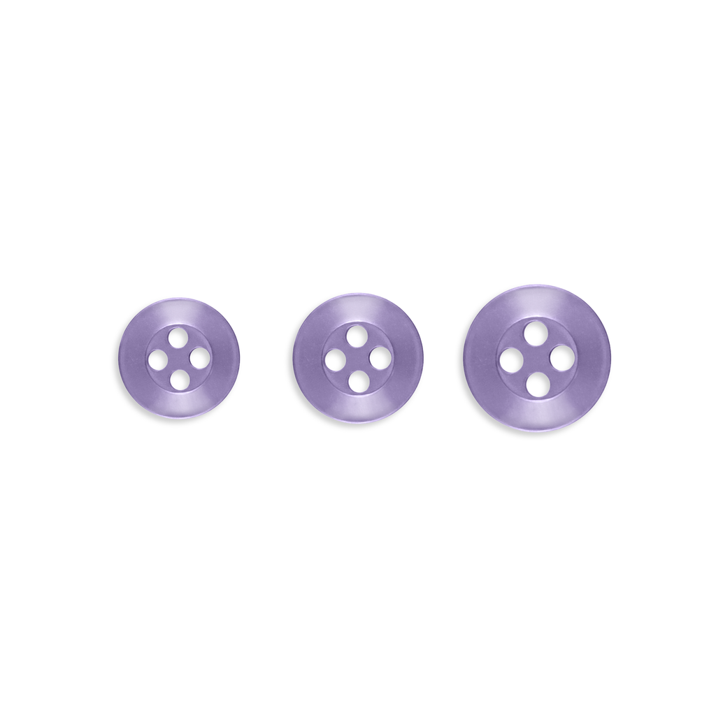 Three Replacement Shirt Buttons in purple poly-nylon of assorted sizes are arranged in a row on a white background—ideal for any tailor’s kit.