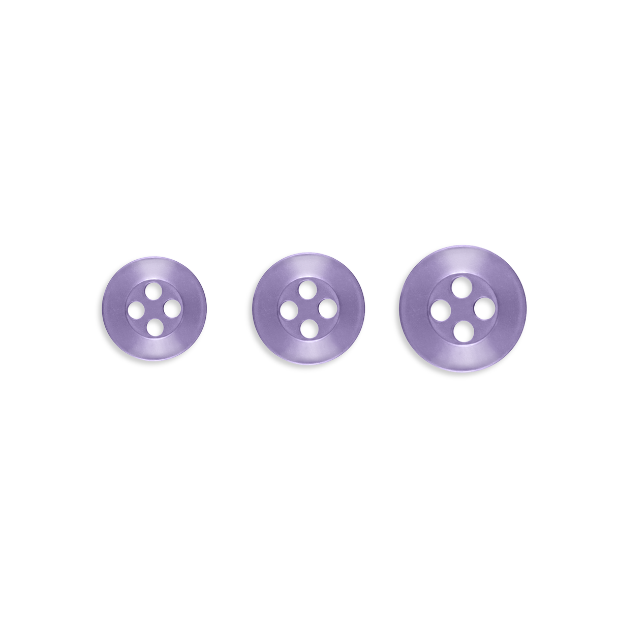 Three Replacement Shirt Buttons in purple poly-nylon of assorted sizes are arranged in a row on a white background—ideal for any tailor’s kit.