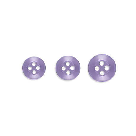 Three Replacement Shirt Buttons in purple poly-nylon of assorted sizes are arranged in a row on a white background—ideal for any tailor’s kit.