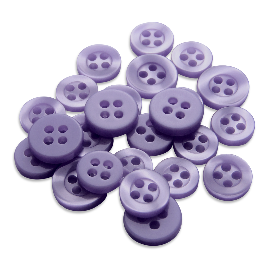 A collection of Replacement Shirt Buttons in assorted purple poly-nylon, each with four holes, ideal for any tailor’s kit and displayed on a white background.