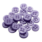 A collection of Replacement Shirt Buttons in assorted purple poly-nylon, each with four holes, ideal for any tailor’s kit and displayed on a white background.