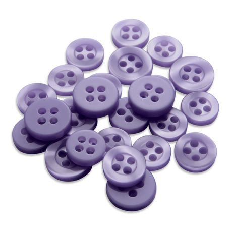 A collection of Replacement Shirt Buttons in assorted purple poly-nylon, each with four holes, ideal for any tailor’s kit and displayed on a white background.