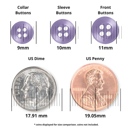 Three Replacement Shirt Buttons in assorted sizes are displayed next to a US dime and penny for scale, with millimeter measurements—ideal additions for any tailor’s repair kit.
