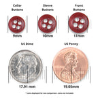 Three red Replacement Shirt Buttons (9mm, 10mm, 11mm) with a matte finish are shown above a US dime and penny for size comparison—perfect additions to any tailor’s kit.