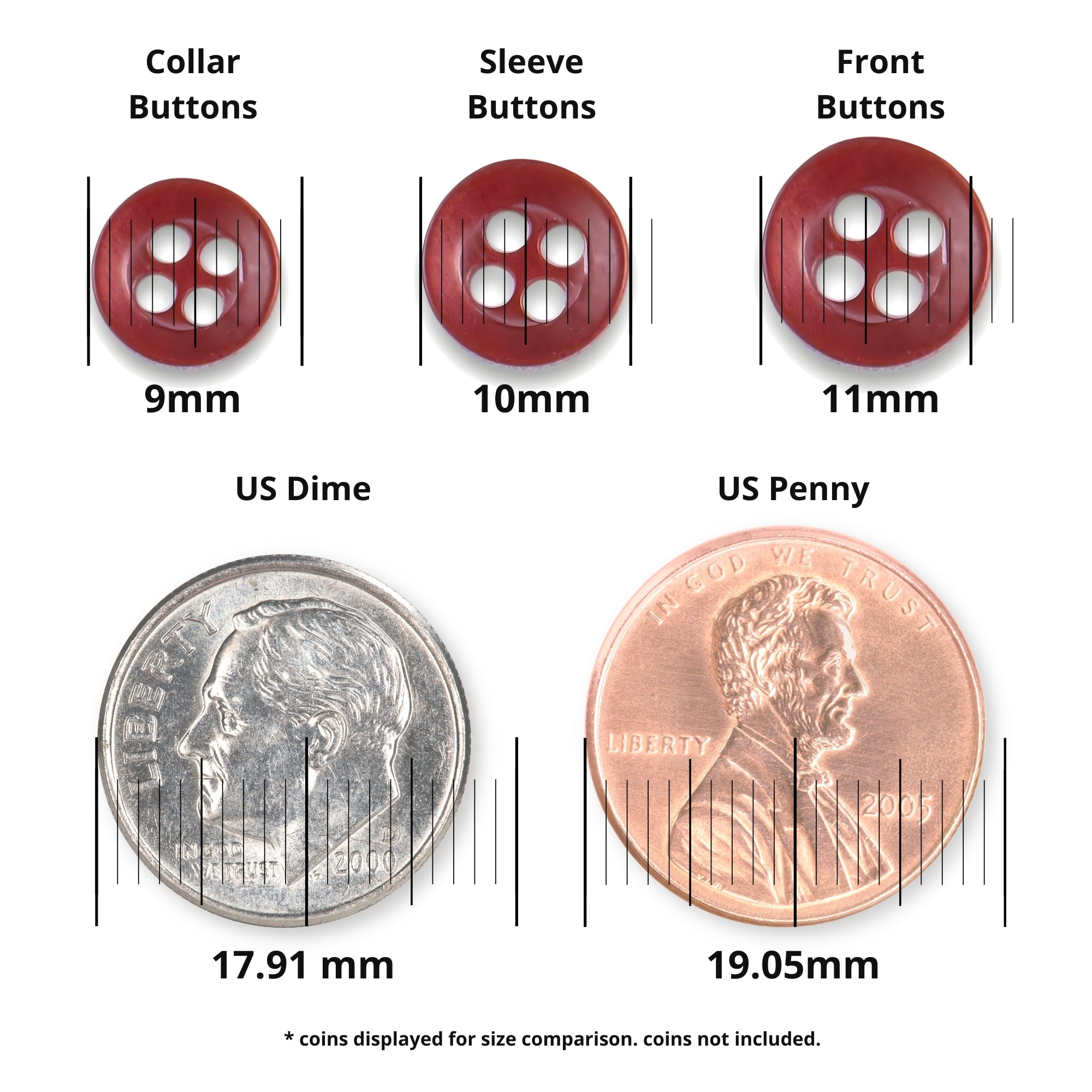 Three red Replacement Shirt Buttons (9mm, 10mm, 11mm) with a matte finish are shown above a US dime and penny for size comparison—perfect additions to any tailor’s kit.