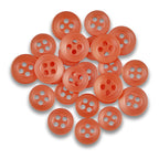 A pile of Replacement Shirt Buttons—orange, four-hole poly-nylon with a matte finish—is displayed on a white background.