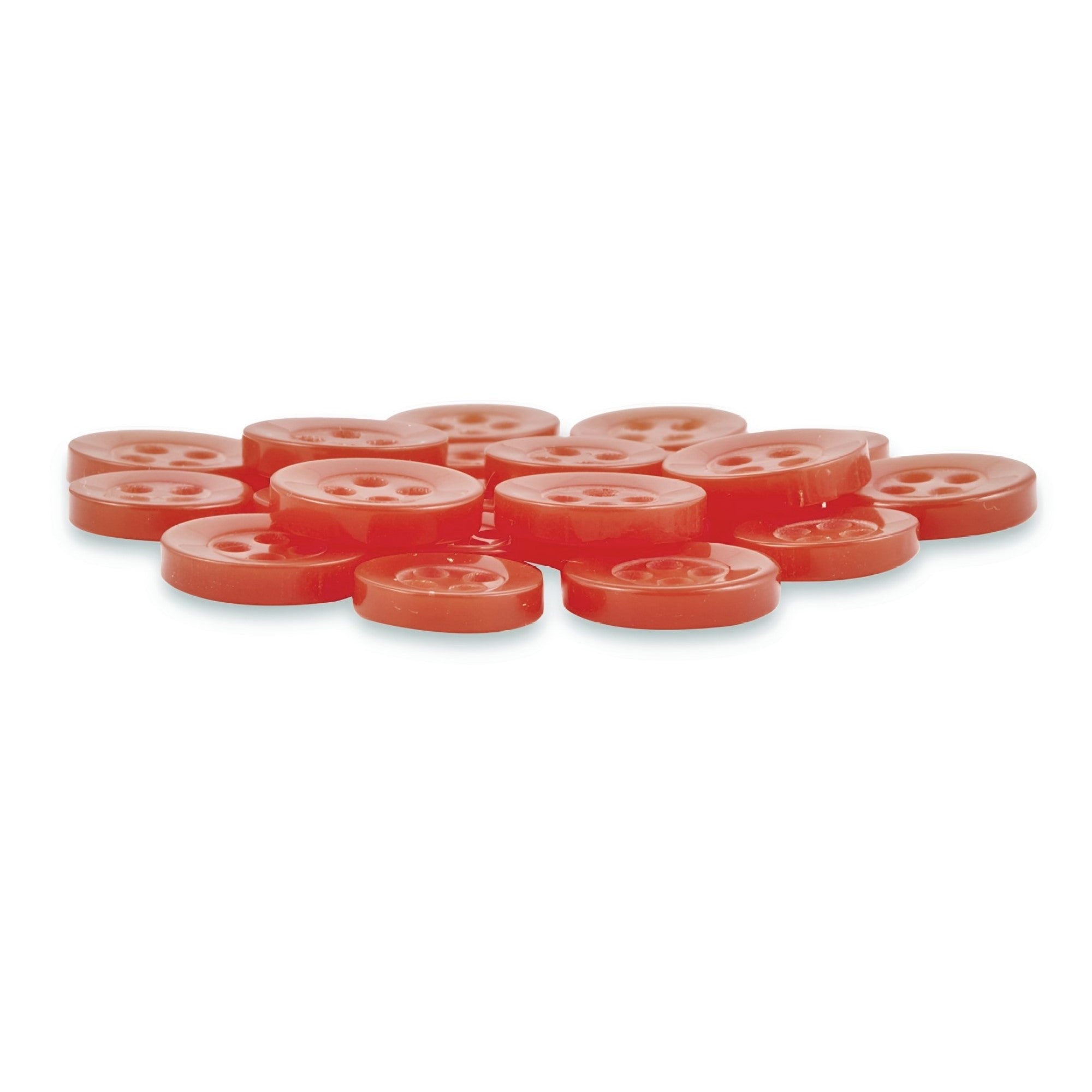 A set of orange poly-nylon Replacement Shirt Buttons with four holes and a matte finish, displayed flat on a white background.