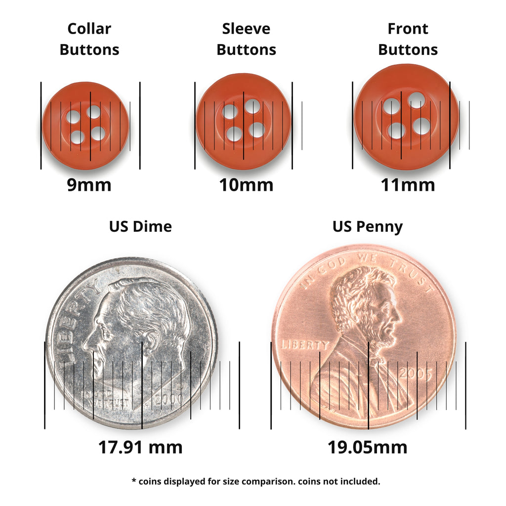 Three Replacement Shirt Buttons in red matte finish, shown in three sizes above a US dime and penny for scale—measurements labeled. A great addition to any tailor’s button kit.