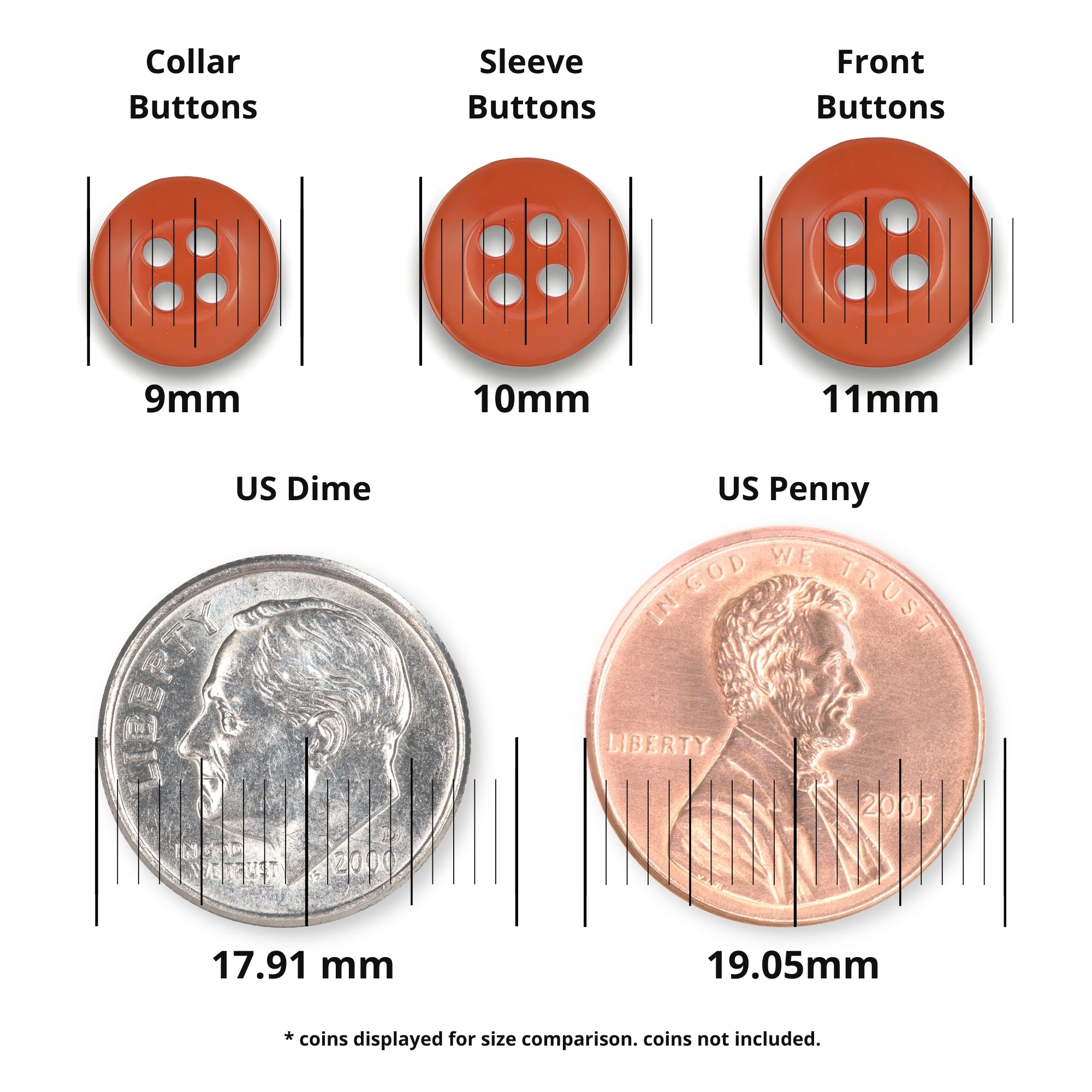 Three Replacement Shirt Buttons in red matte finish, shown in three sizes above a US dime and penny for scale—measurements labeled. A great addition to any tailor’s button kit.