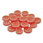 A pile of round, red Replacement Shirt Buttons with a matte finish and four holes are scattered on a white surface.