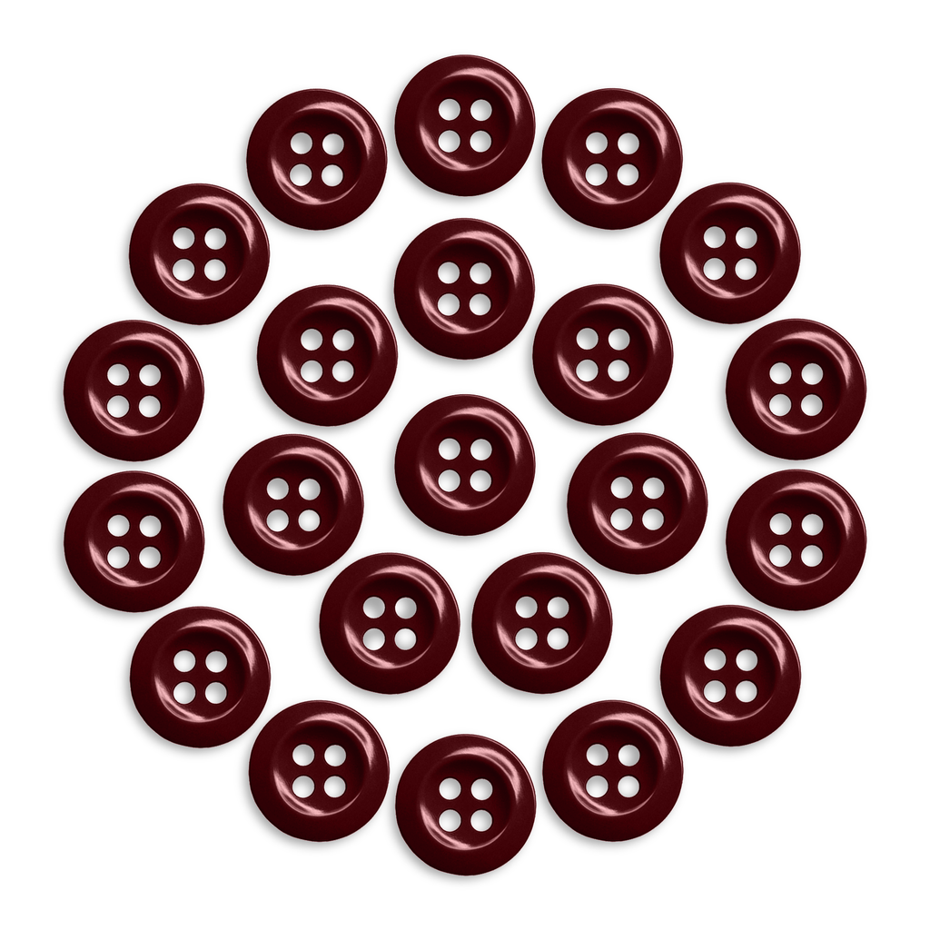 Twenty-two maroon Work Shirt Buttons 22 Pack arranged in a circle on a white background.