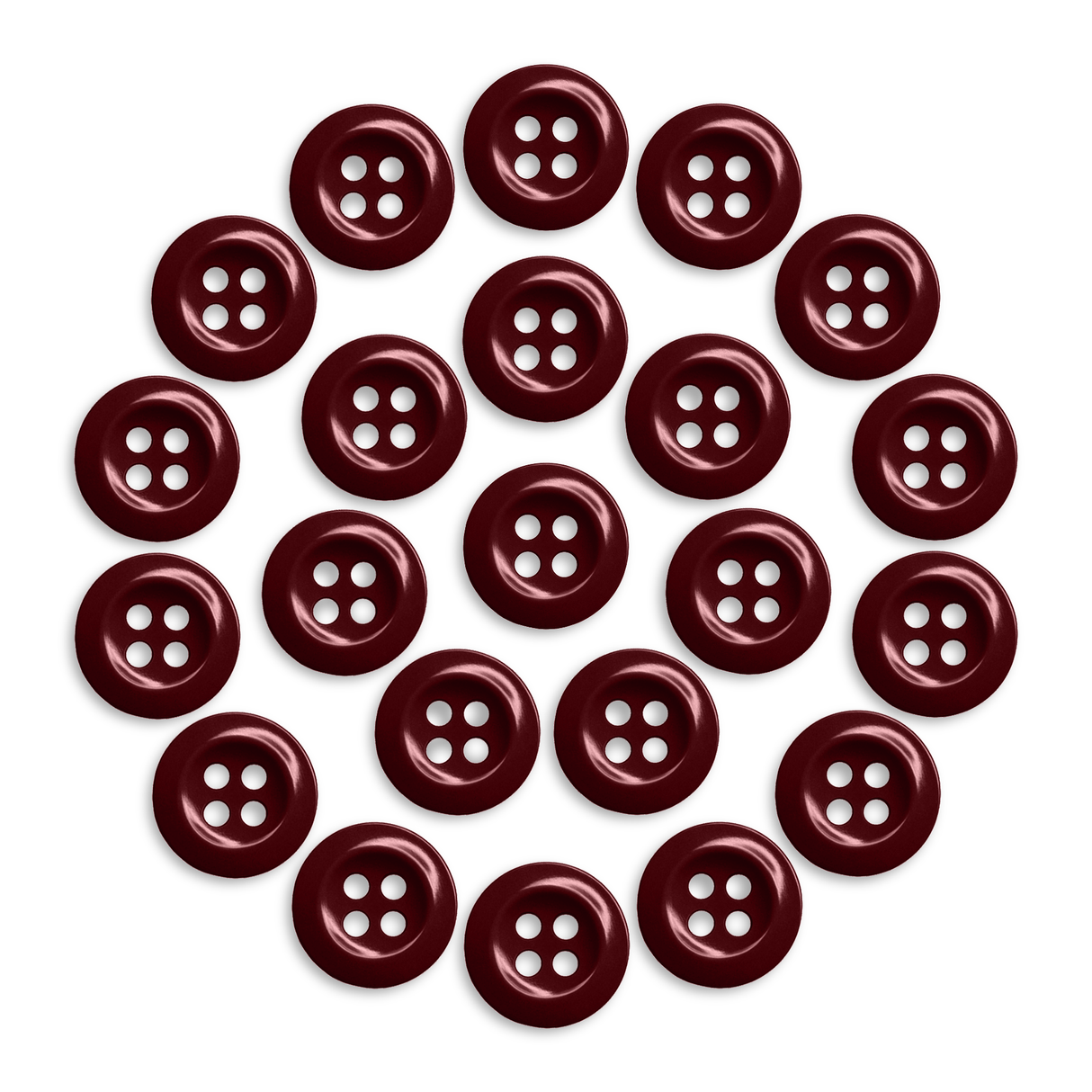 Twenty Work Shirt Buttons in dark red, military spec, are arranged in a circular pattern on a white background.
