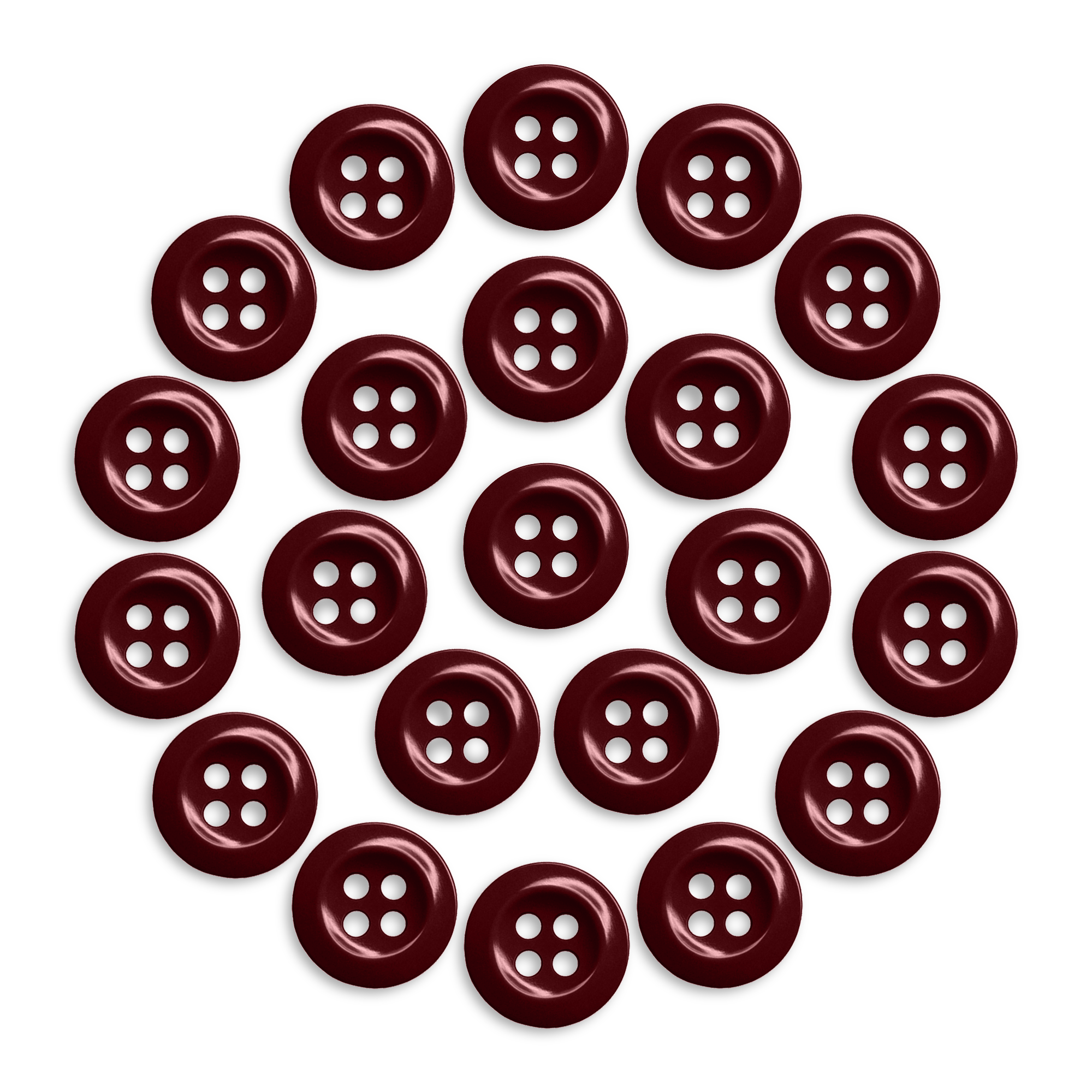Twenty-two maroon Work Shirt Buttons 22 Pack arranged in a circle on a white background.