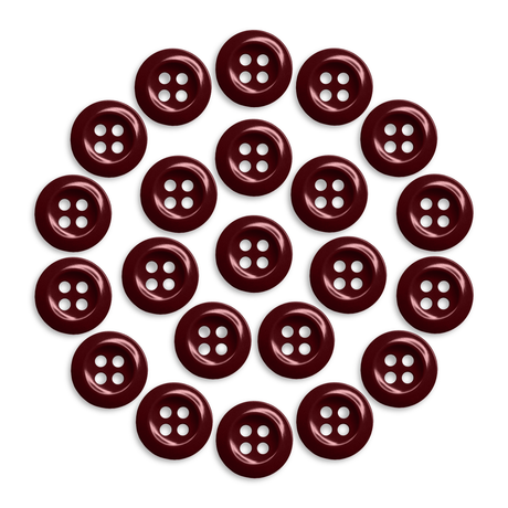 Twenty Work Shirt Buttons in dark red, military spec, are arranged in a circular pattern on a white background.