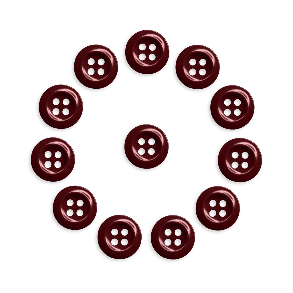 Twelve maroon Work Shirt Buttons from the 12 Pack are arranged in a circle around one maroon button at the center, all shown on a white background.