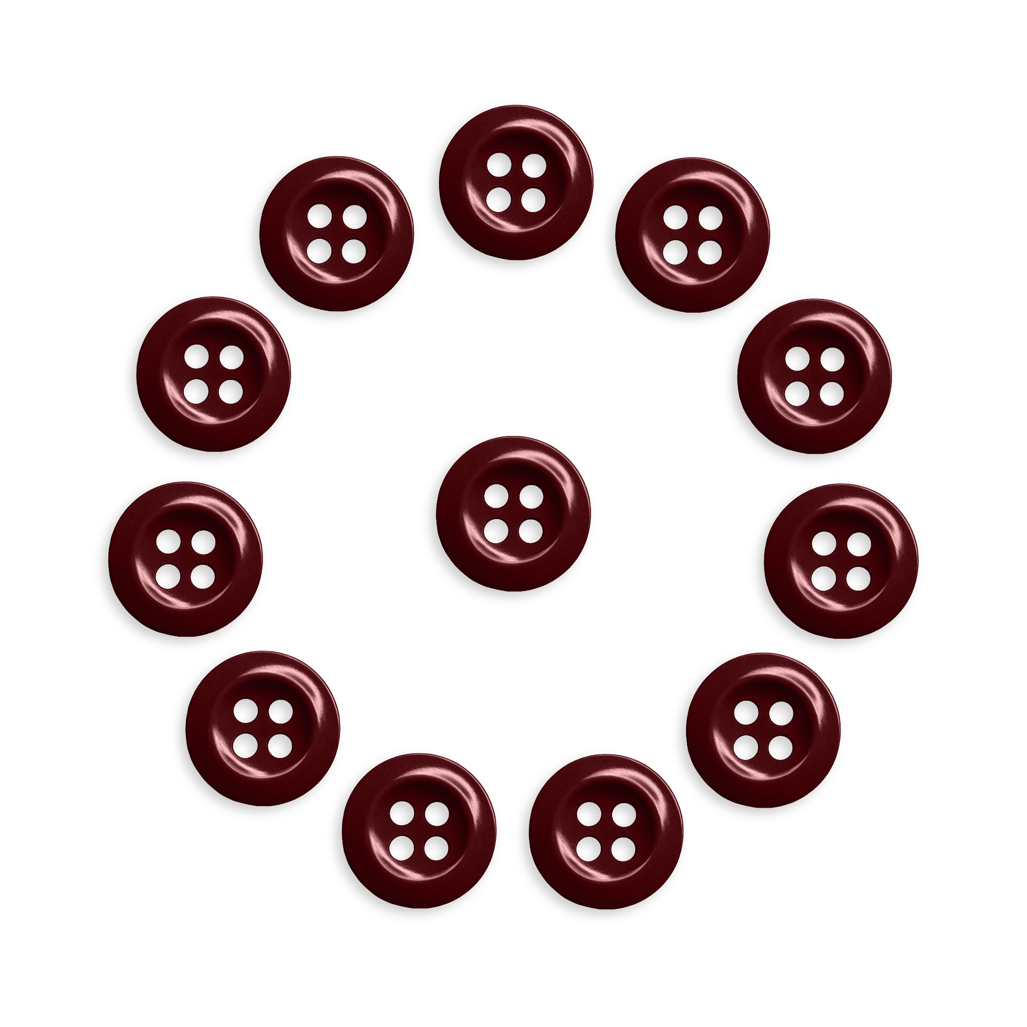 Twelve maroon Work Shirt Buttons from the 12 Pack are arranged in a circle around one maroon button at the center, all shown on a white background.