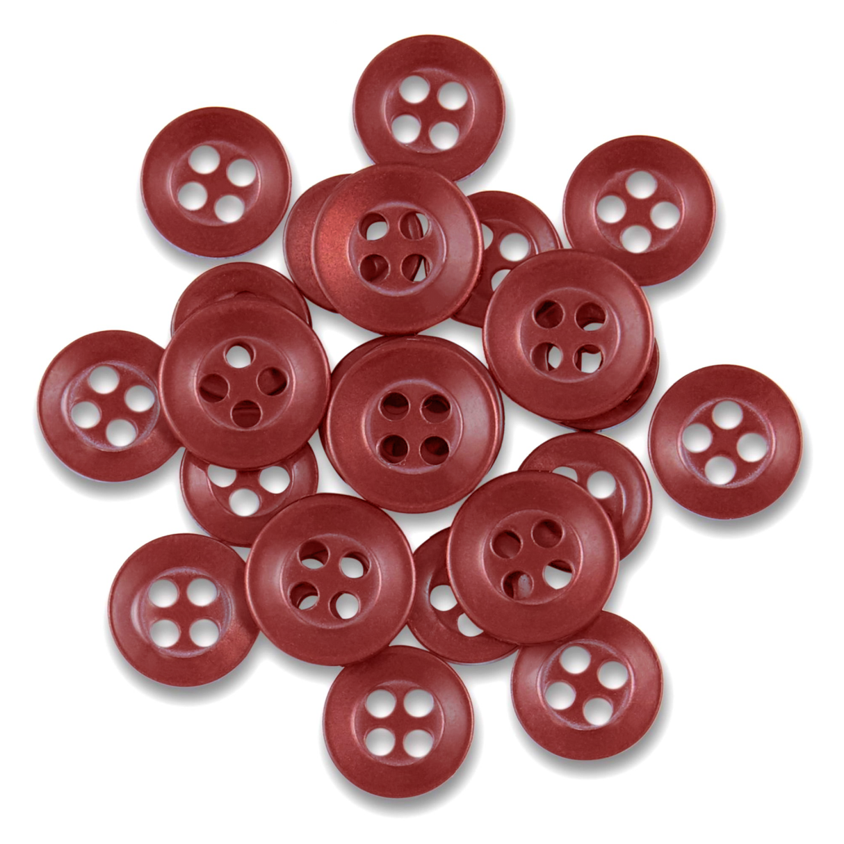 A cluster of Replacement Shirt Buttons in vibrant red, designed for durability and ideal for any tailor’s kit, displayed scattered on a white background.