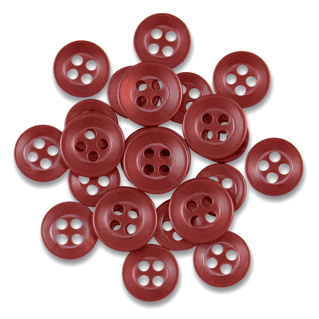 A cluster of Replacement Shirt Buttons in vibrant red, designed for durability and ideal for any tailor’s kit, displayed scattered on a white background.