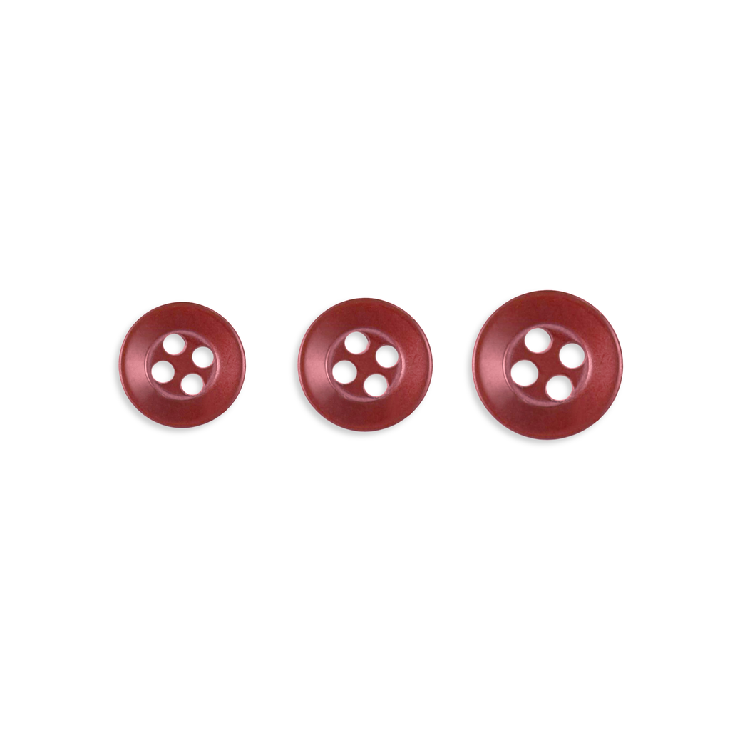 Three Replacement Shirt Buttons—red, four-hole, poly-nylon with a matte finish in assorted sizes—are arranged in a row on a white background, ideal for any tailor’s kit.