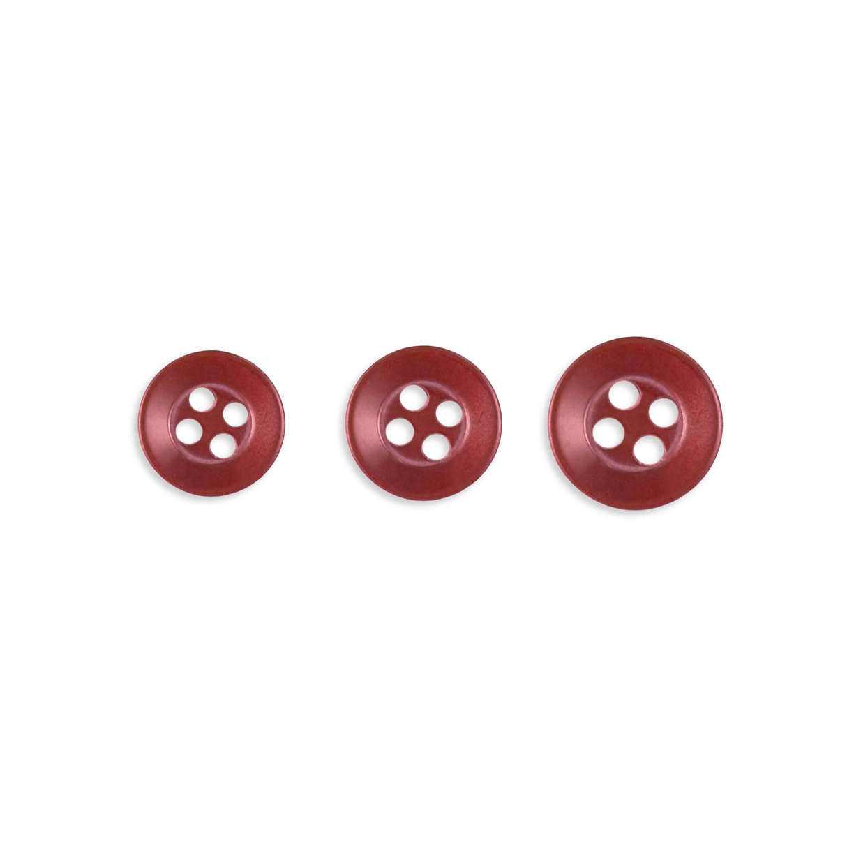 Three Replacement Shirt Buttons—red, four-hole, poly-nylon with a matte finish in assorted sizes—are arranged in a row on a white background, ideal for any tailor’s kit.