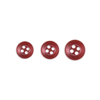 Three Replacement Shirt Buttons—red, four-hole, poly-nylon with a matte finish in assorted sizes—are arranged in a row on a white background, ideal for any tailor’s kit.