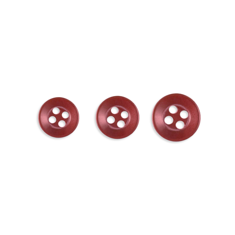 Three Replacement Shirt Buttons—red, four-hole, poly-nylon with a matte finish in assorted sizes—are arranged in a row on a white background, ideal for any tailor’s kit.