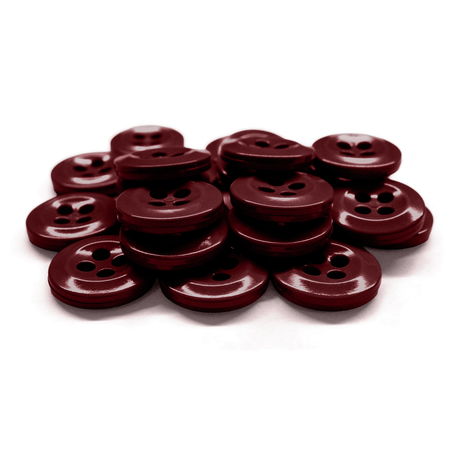Work Shirt Buttons: A collection of dark red, four-hole buttons displayed in a scattered pile on a white background.